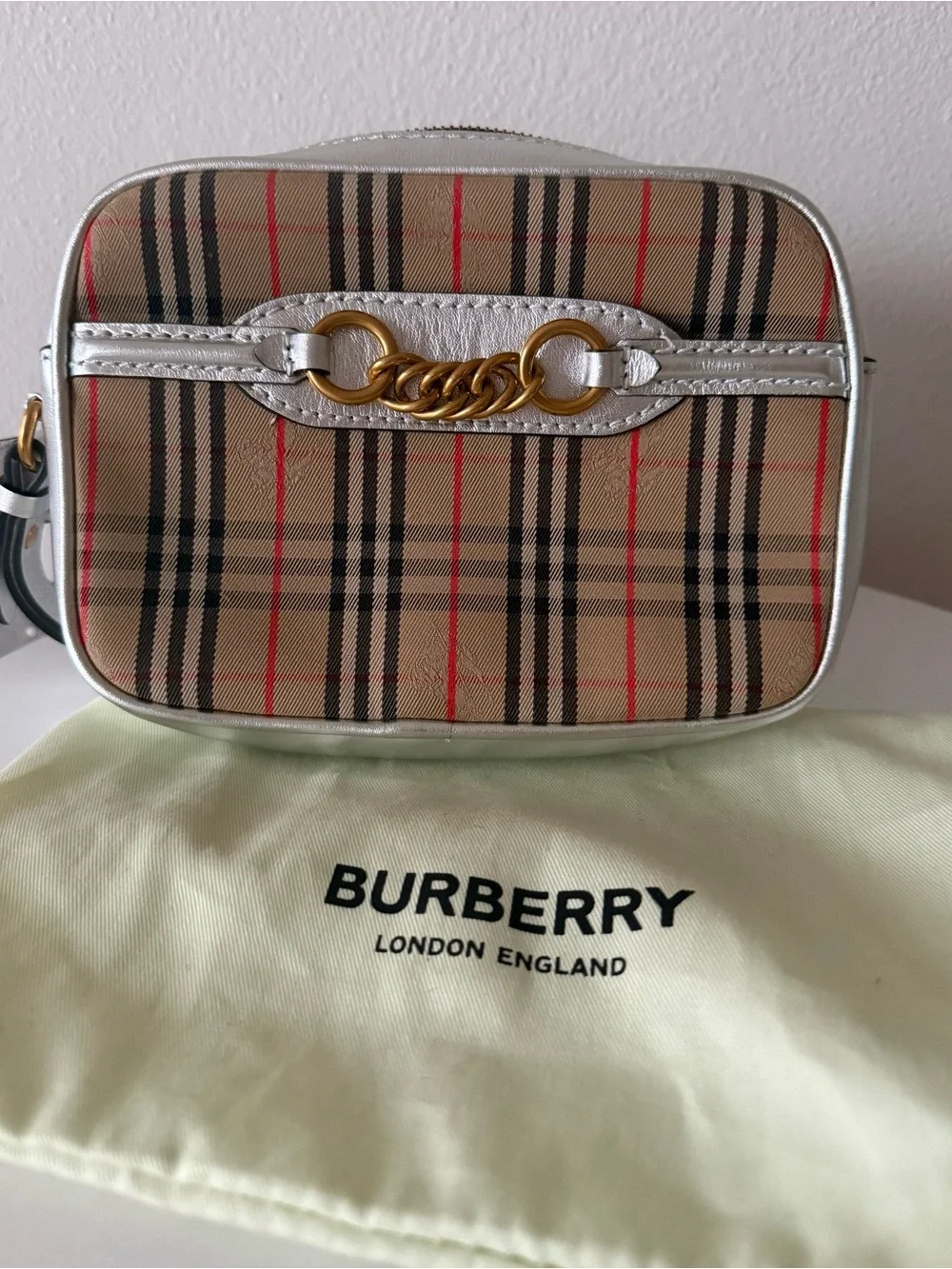 Burberry vintage check belt bag silver leather trim .